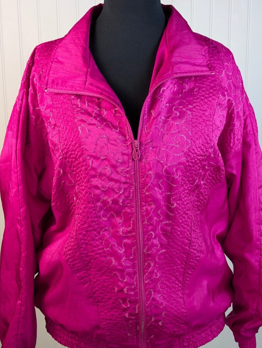 Lavon Women's Vintage Hot Pink Embroidered Zip-Up Jacket Large